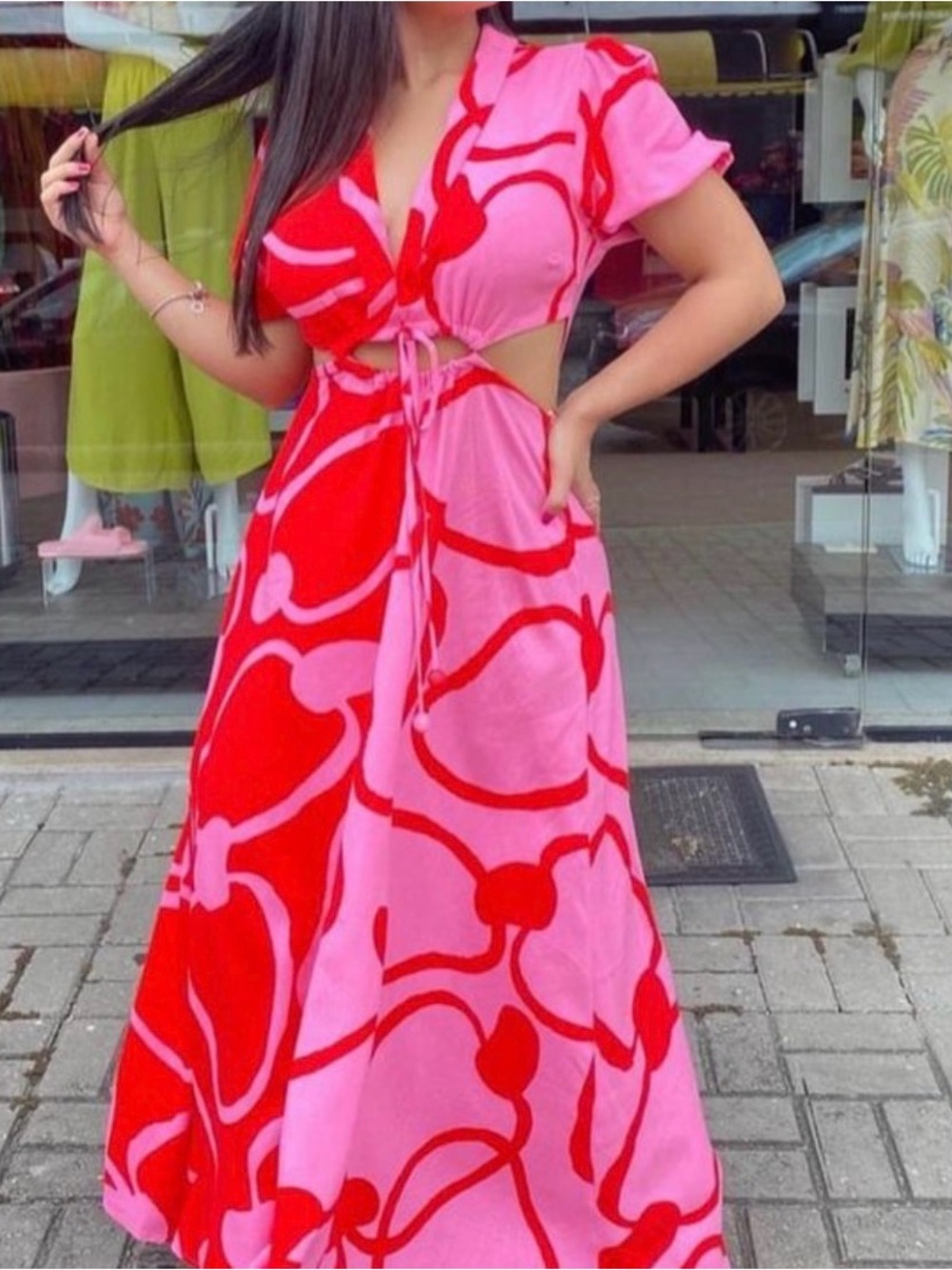 Farm rio sz m Red & Pink Tie-Front Maxi Dress waist cut - Picture 2 of 8